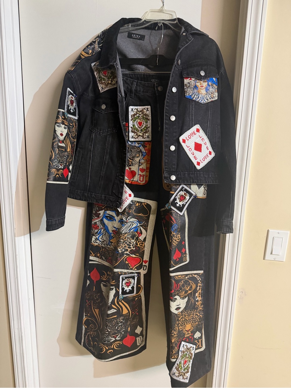 AKIRA Black Denim Two-Piece Set with Playing Card Patchwork